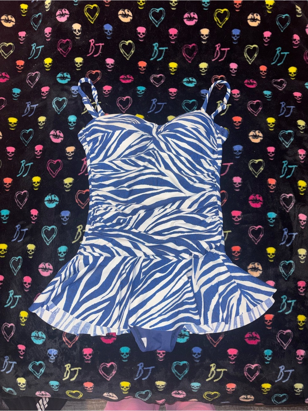 Chaps Blue and White Zebra-Print One-Piece Bathing Suit W/ Adjustable Straps
